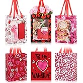 Frienda 12 Pcs Valentines Gift Bags Bulk Heart Goodie Bags with Clear Window and Handle Pink Red Happy Valentine's Day Paper Gift Wrap Love Tote Pouches for Party Favors Wedding Birthday Party