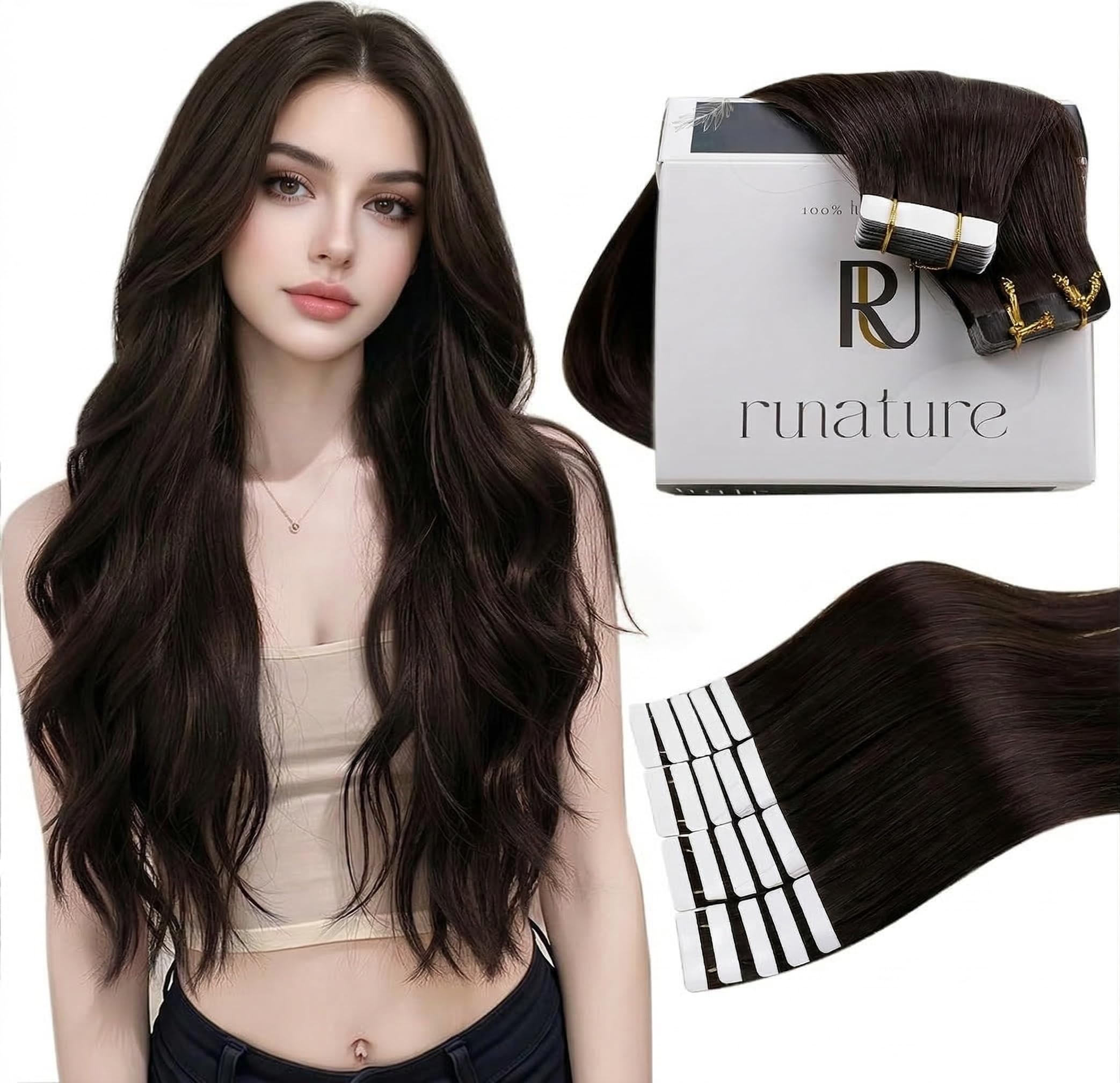 RUNATURE Tape in Hair Extensions Human Hair Dark Brown Tape Hair Extensions Real Human Hair Add Volume for Women Invisible Tape Hair 14 Inch 40 Gram #2