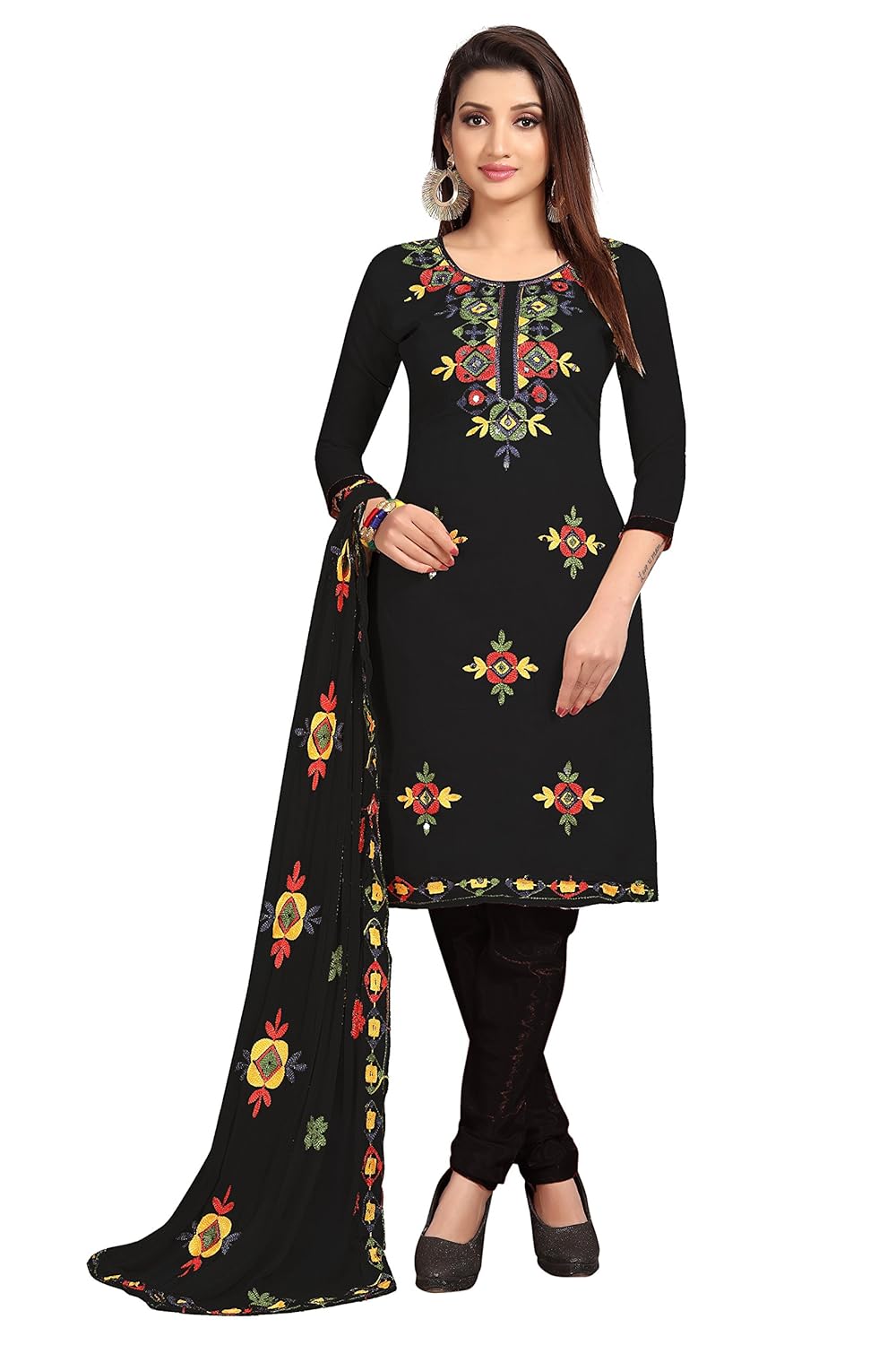sretan women's chanderi cotton unstitched embroidered dress material, free size (black)