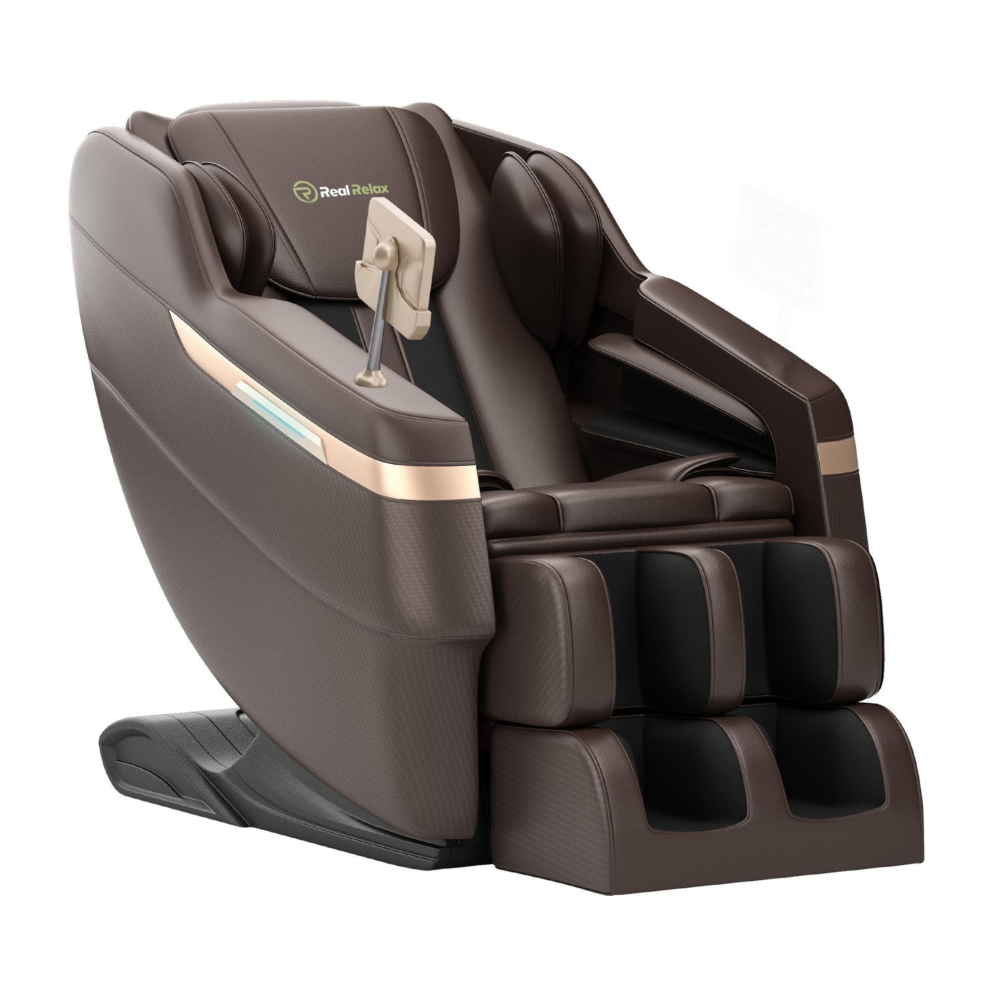 Photo 1 of Real Relax 2025 Full Body Massage Chair, Zero Gravity Shiatsu Massage Chair Recliner, Waist and Calf Heating, Foot Massage, Bluetooth, Large Control Screen (Brown and Gold)