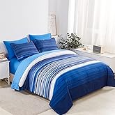 KAKIJUMN 7 Piece Bed in a Bag Stripe Comforter Set King Size, White and Blue Patchwork Striped Comforter and Sheet Set, All Season Soft Microfiber Complete Bedding Sets(Blue,King)