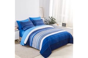 KAKIJUMN 7 Piece Bed in a Bag Stripe Comforter Set Full Size, White and Blue Patchwork Striped Comforter and Sheet Set, All Season Soft Microfiber Complete Bedding Sets(Blue,Full)