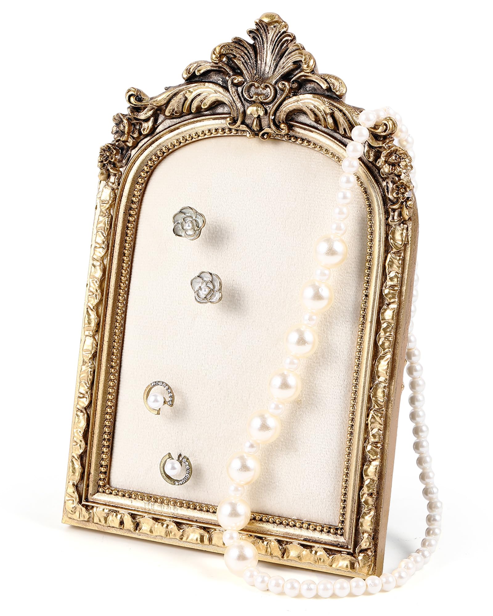 Photo 1 of Wonderjune Jewelry Display Stand Vintage Necklace Organizer Ring Holder Earring Tray Resin Jewelry Photography Props Frame with Velvet Backing for Gifts(7.4 x 4.5 Inches,Flower,White)