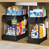 Sevenblue 2 Pack Under Sink Organizer, Under Bathroom Cabinet Organizer with Hooks Hanging Cup, Multi-Purpose Storage Shelf for Kitchen Bathroom, Black