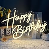 Happy Birthday Neon Sign for Wall Decor, 17×12 Inch Warm White LED Neon Light Signs, Art Decoration Happy Birthday Neon Light Sign for All Birthday Party Decoration with 2 Pcs Pasters