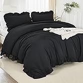 Litanika Black King Size Comforter Set, 3 Pieces Ruffle Farmhouse Aesthetic Bedding Comforter Set, All Season Soft Lightweight Fluffy Microfiber Bed Set(104x90In Comforter, 2 Pillowcases)
