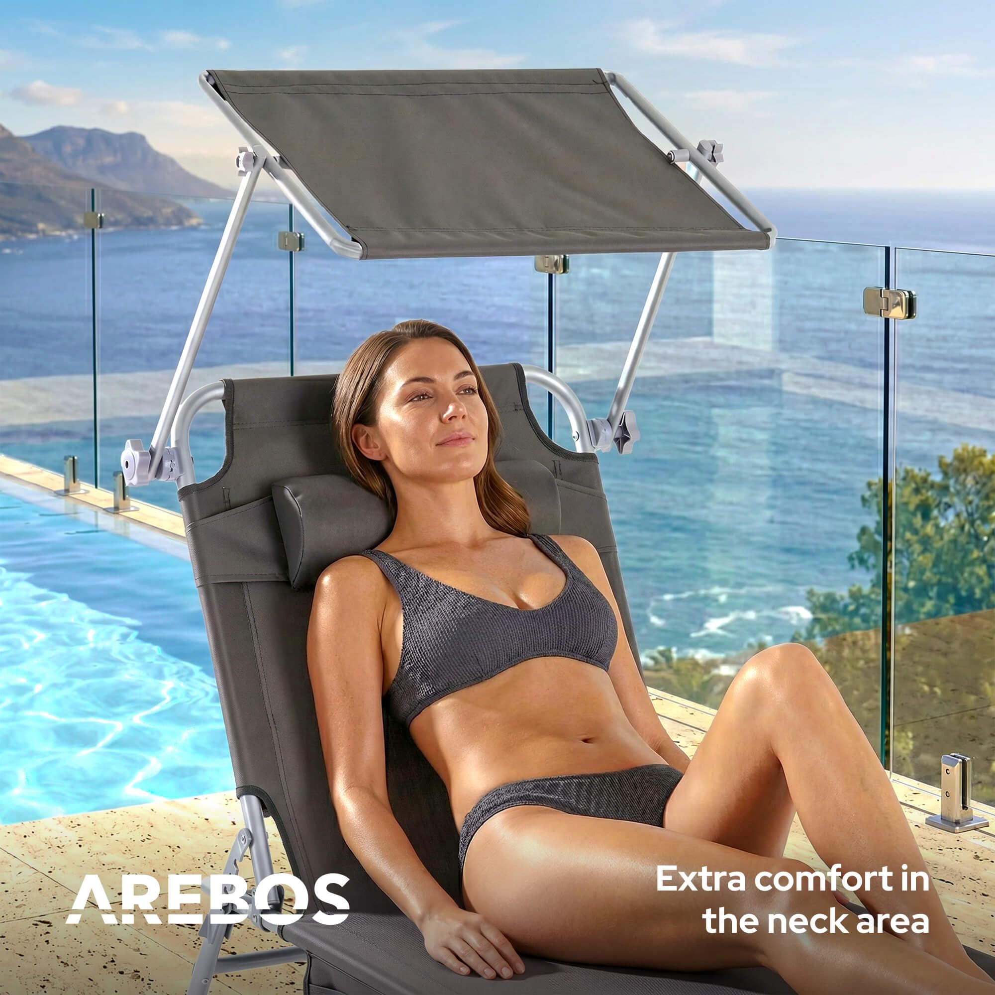 Arebos Sonnenliege & Liegestuhl klappbar mit Sonnendach | Gartenliege, Campingliege & Strandliege | Kopfkissen & Seitentasche | 4-Fach verstellbar | Relaxliege faltbar | bis 120 kg | Anthrazit 5
