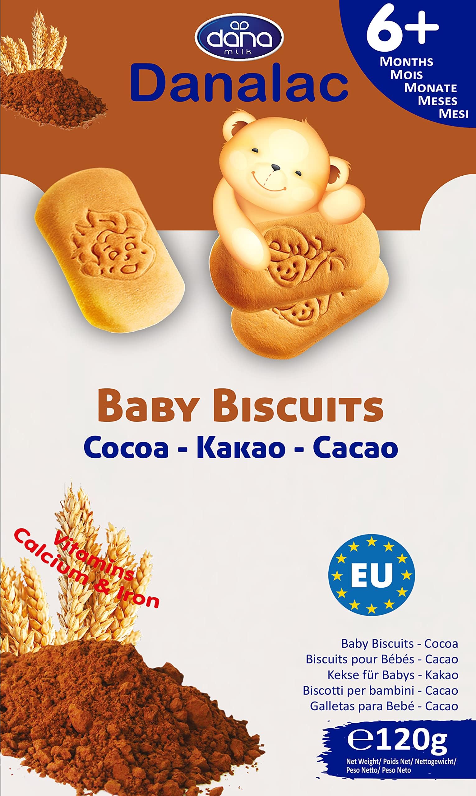 Danalac, Cocoa Baby Biscuits Pack of Finger Food Snack for Toddlers 6+ Months with Calcium Iron and Vitamins, 120 gram