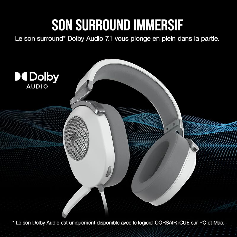 HS65 Surround Casque de Jeu Filaire Multiplateforme - Son Surround Dolby 7.1 - SonarWorks SoundID - Compatible iCUE - PC, Mac, PS5, PS4, Xbox, Nintendo Switch, Mobile - Blanc