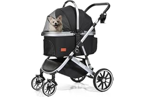 SWITTE Dog Stroller for Small Medium Dogs Cats with Detachable Basket, 3 in1 4 Wheels Pet Travel Jogger Puppies Kitties Stroller-Silvery Black