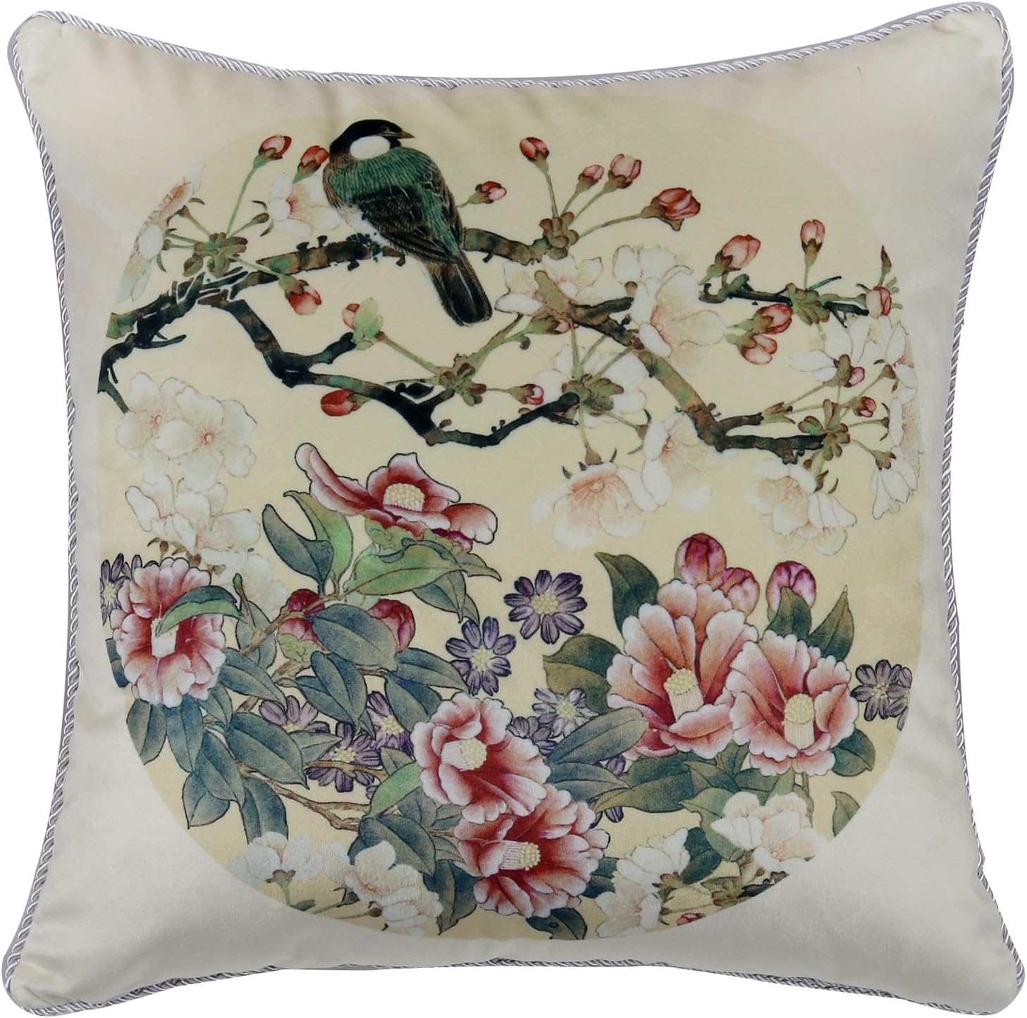 Sterxy Double Side Print Velvet Bird and Flower Cushion Cover with Piped Edge 18 x 18 inches, White, 45x45x0.8 cm