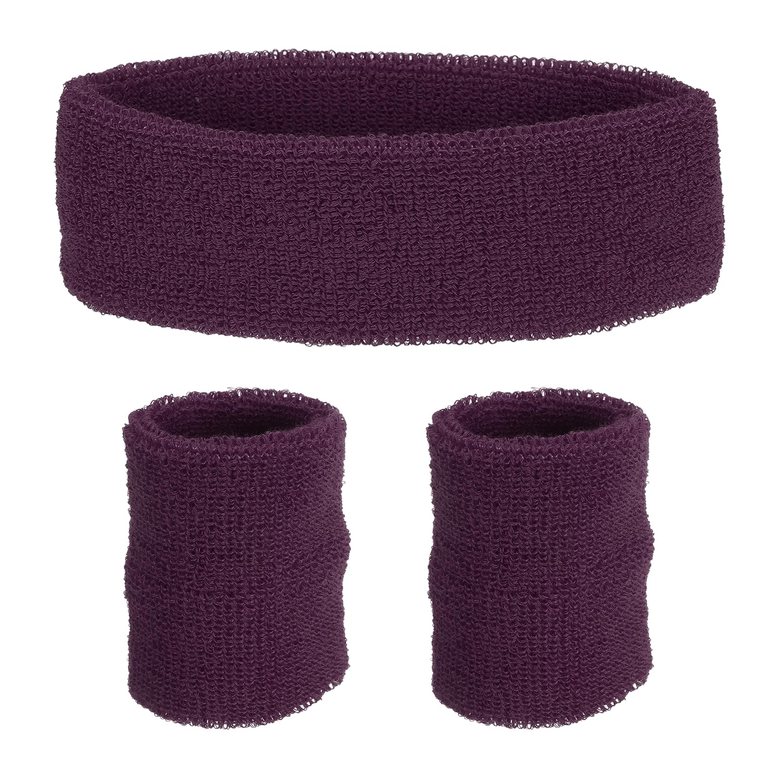 PATIKIL Sports Wristbands Headband Set, 8x8cm Cotton Terry Cloth Athletic Absorbent Sweatband 20x5cm Headband for Tennis Basketball Running, Dark Purple (1 Headband & 2 Wristbands)
