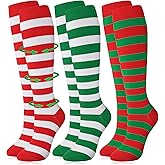 Chuarry 3 Pairs Christmas Striped Compression Socks Women 15-20mmHg Red Green White Knee High Stockings Circulation Xmas Gift