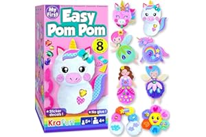 KRAFUN Easy Pom Pom Craft Kit for Girls, 8 Cute Crafts (Unicorn, Fairies), Felt Stickers, Instructions, Creative DIY Set, Adorable Educational Toy