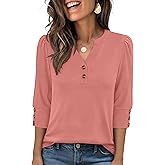 ANRABESS Womens Tops 3/4 Sleeve Casual Henley Shirts V Neck Buttons Dressy Work Business Blouses 2026 Spring Trendy Clothes