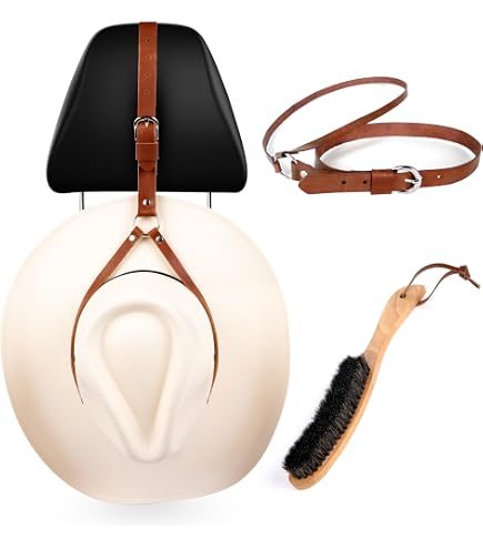 Cowboy Hat Rack For Trucks - Buffalo Leather Loop Hanger With Horsehair Brush, Fits Any Car Headrest