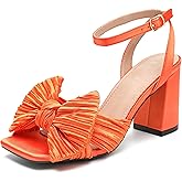 Eugisy Women's Bow Knot Heeled Sandals Bowknot Pleated Ankle Strap Open Toe Chunky High Heels Wedding Bridal Party Dress Shoes Orange 46-12US
