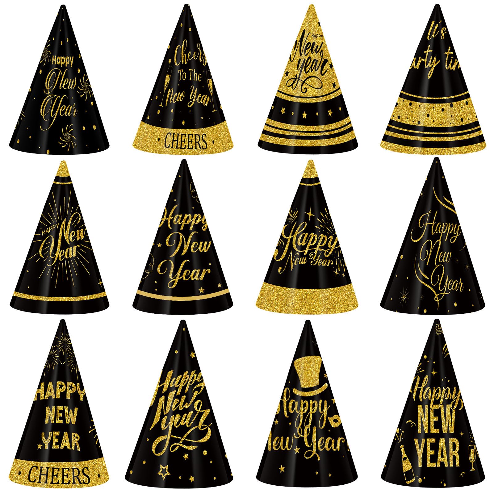 Harrycle 24 Pcs Happy New Year Hats 2026 Paper Cone Hat New Year Eve Party Favors Supplies for Adults Photo Props Decorations(Black Gold,Glitter)
