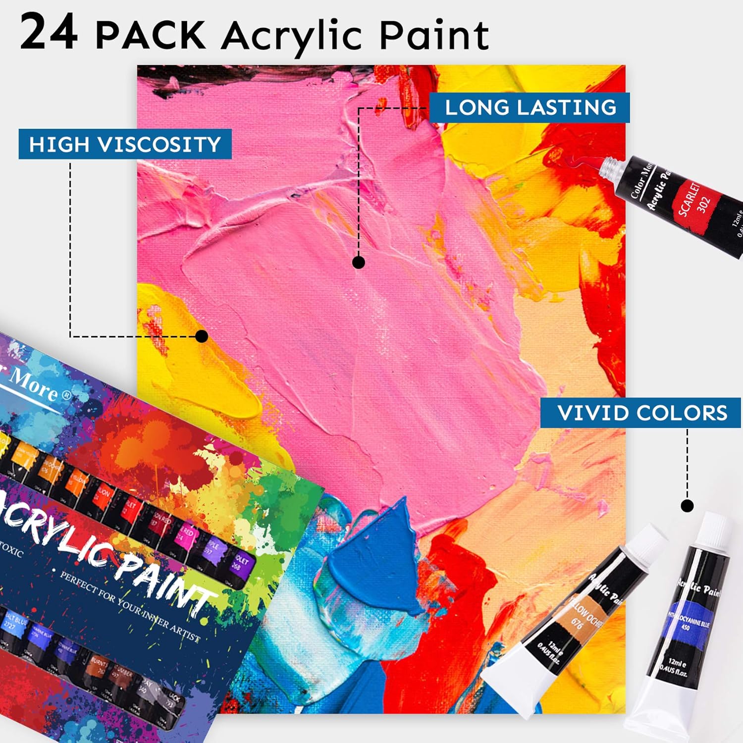 Acrylic Paint Set, 49 Piece Painting Supplies Set, Includes 24 Acrylic Paints, 16 Painting Brushes with Case, Paint Knife, Art Sponge and Canvas, Palette- Deluxe Acrylic Paint Kit for Artists, Students