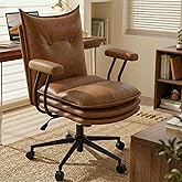 Sucrever Brown Office Chair with Triple-Layers Thicken Wide Seat, Mid Back Leather Desk Chair with Wheels and Arms, Mid-Century Modern Computer Chair for Home Office