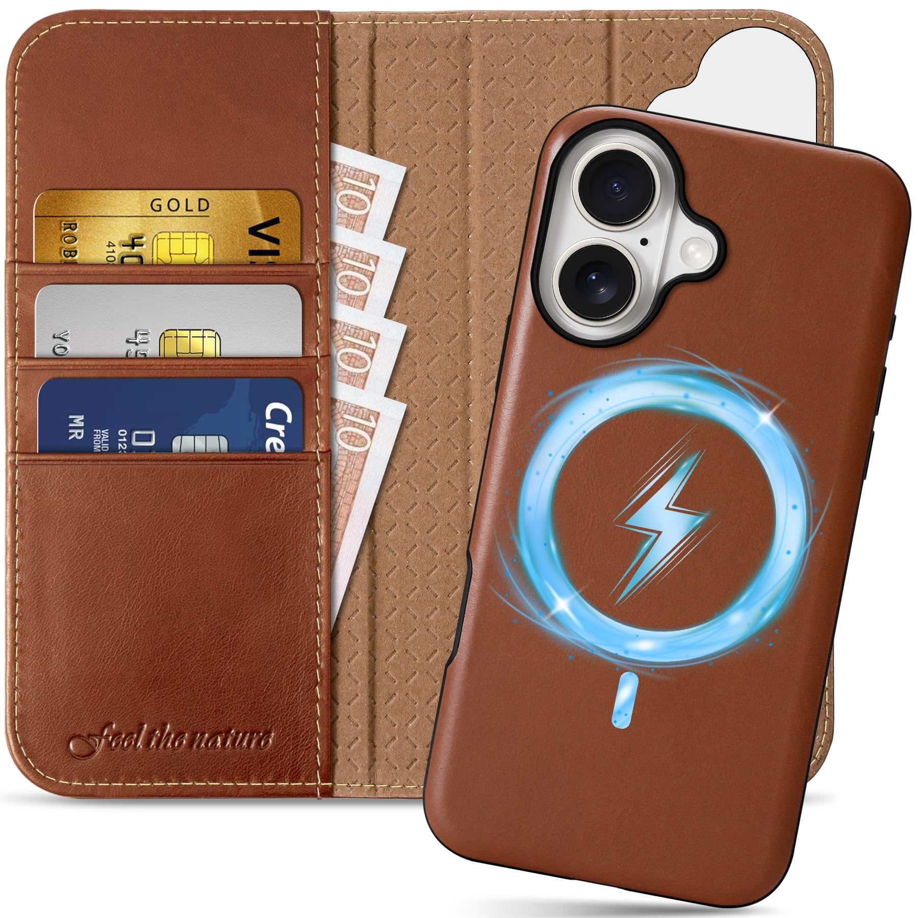SHIELDON Wallet Case for iPhone 16, Genuine Leather Detachable Magnetic 2 in 1 Case with Kickstand [RFID Blocking][Card Slots] Shockproof Removable Flip Case Compatible with iPhone 16 - Retro Brown