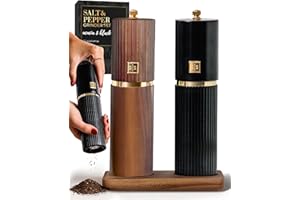 STYLED SETTINGS Wooden Salt and Pepper Grinder Set – Refillable Manual Salt and Pepper Mills with Adjustable Ceramic Burrs, Gold Detailing, and Acacia Wood Stand – Ideal Kitchen Gift