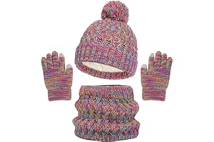 3 Pcs Kids Winter Warm Beanie Hat Gloves Scarf Set with Pompom Neck Warmer Mittens Gloves for Girls Boys Rainbow