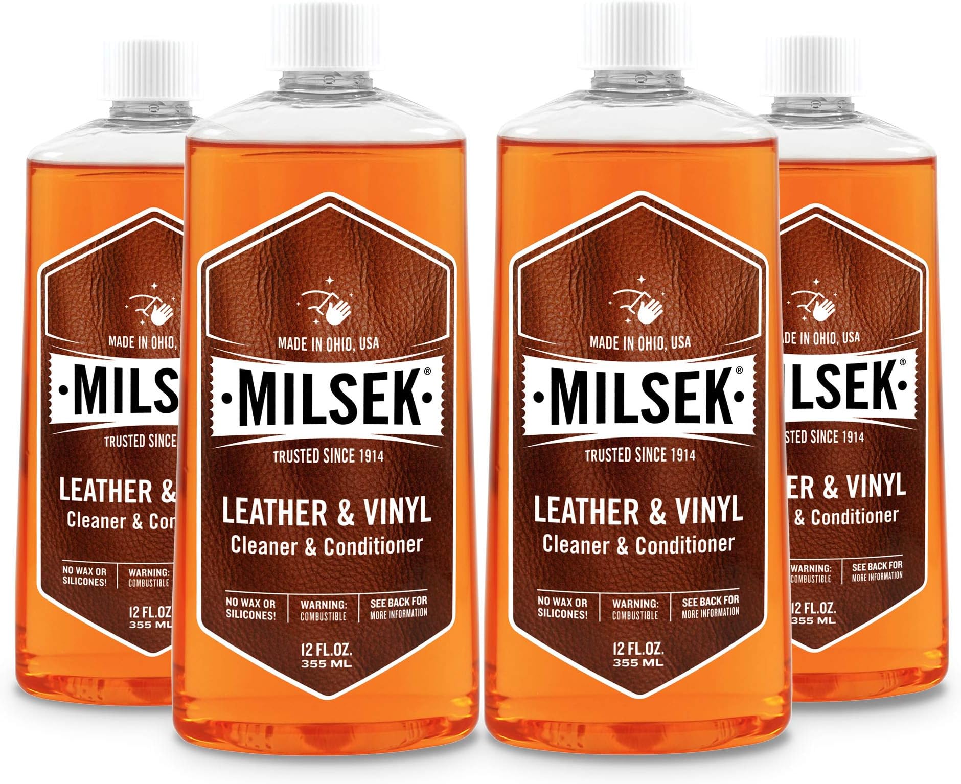 MilsekLeather & Vinyl Cleaner & Conditioner - Cleaning Supplies for Leather Home Furnitures, Couch, Automotive Interior, Shoes, Bags - 12 Fl Oz (Pack of 4)