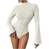 SweatyRocks Women's Mock Neck Textured Bodysuits Bell Sleeve Tee Bodysuit Leotard Top