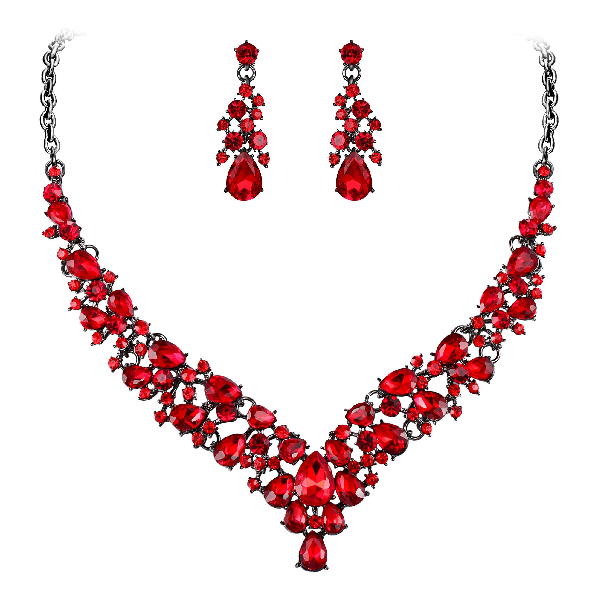 Ever Faith Women's Crystal Wedding Bridal Teardrop Cluster Necklace Earrings Jewelry Set Red Black-Tone