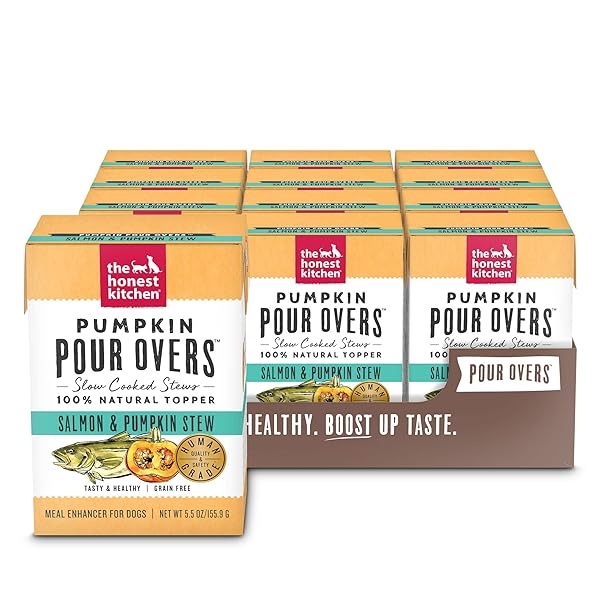 THE HONEST KITCHEN PUMPKIN POUR OVERS WET TOPPERS FOR DOGS (12 PACK), 5.5 OZ – SALMON STEW