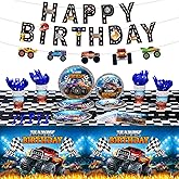 Sabary 173 Pcs Monster Truck Birthday Party Supplies Serves 24, Monster Truck Tablecloth Banner Plates Napkins Tableware Set for Themed Birthday Party Decorations