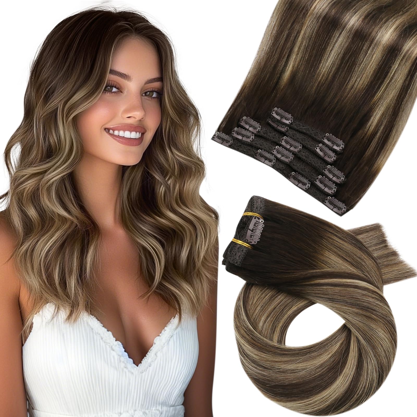 Moresoo Clip in Hair Extensions Real Human Hair Brown Root Balayage Caramel Blonde Double Weft Hair Extensions Clip in Shoulder-length Short Hair 14 Inch 5 Pcs/80g #4/27/4 โ image 1