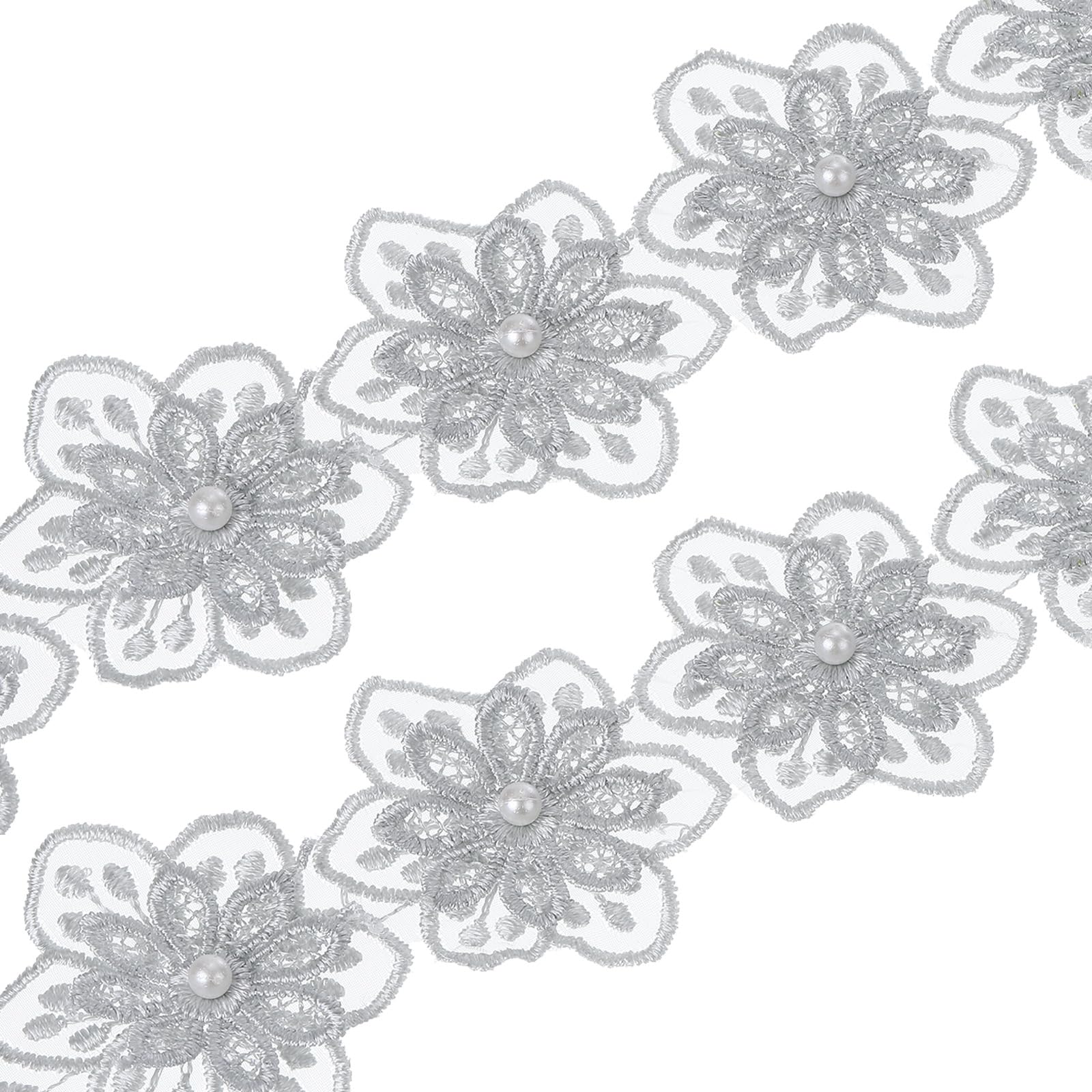 PATIKIL 1 Yards Flower Trim Ribbon, 2 Pack Floral Lace Ribbon Pearl Edging Decorating Embroidered Trim for Applique Sewing Craft Wedding DIY Style 1, Grey