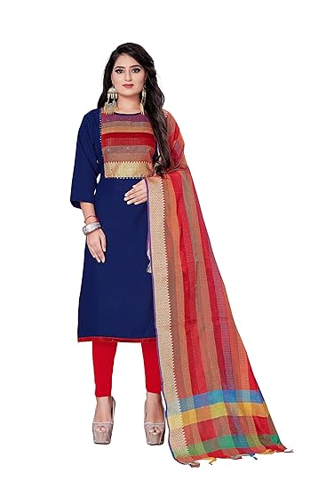 Leeza Store Women Unstitched Cotton Suit With Banarasi Dupatta (Blue Color_Free Size)