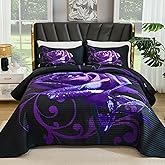 Xruibed Purple Quilt Set Queen Size, 3 Pieces Rose Floral Quilt Set Botanical Bedspread with 2 Pillow Shams, Soft Micorfiber Lightweight Flower Coverlet Bedding Set for All Season (90"x96")