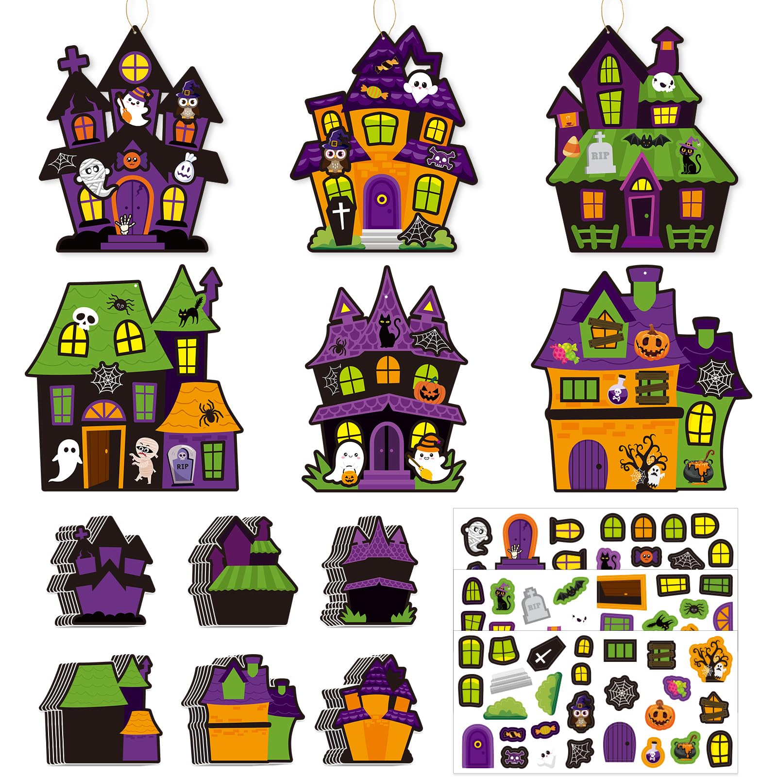 Photo 1 of 24 Packs Halloween Stickers Craft Kits, Make Your Own Halloween Haunted House Stickers, DIY Haunted House with Ghost, Spider, Skull for Halloween Party Games Activities (Houses)