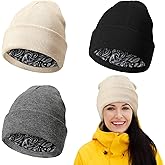Eurzom 3 Pcs Winter Satin Lined Beanie Hat Men Women Warm Cap Cuffed Plain Satin Hat Winter Knit Slouchy Cap with Lining