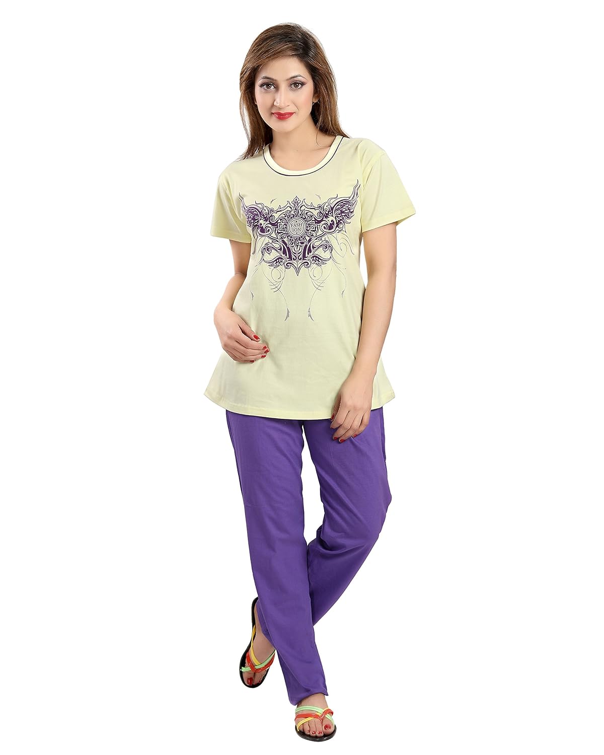 seemee yellow and purple polycotton top and bottom pyjamas nightsuit for women