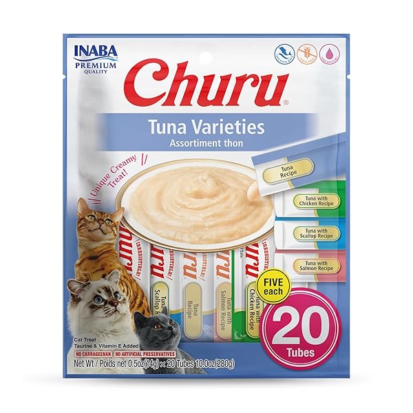 INABA CHURU CAT TREATS, LICKABLE, SQUEEZABLE CREAMY PURÉE CAT TREAT WITH GREEN TEA EXTRACT & TAURINE, 0.5 OUNCES EACH TUBE, 20 TUBES, TUNA VARIETY