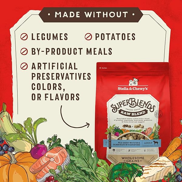 STELLA & CHEWY’S SUPERBLENDS RAW BLEND WHOLESOME GRAINS WILD-CAUGHT WHITEFISH & SALMON RECIPE WITH SUPERFOODS, 3.25 LB. BAG