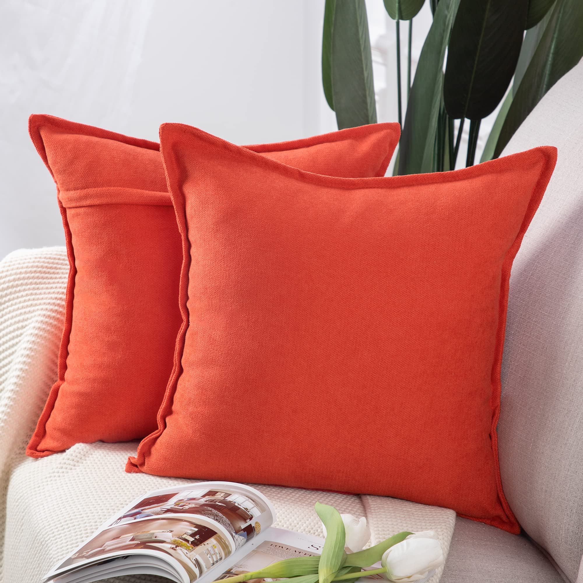 Madizz Set of 2 Short Chenille Throw Pillow Covers 16x16 Inch Reddish Orange Soft Decorative Cushion Cover for Sofa Bedroom Pillow Shell