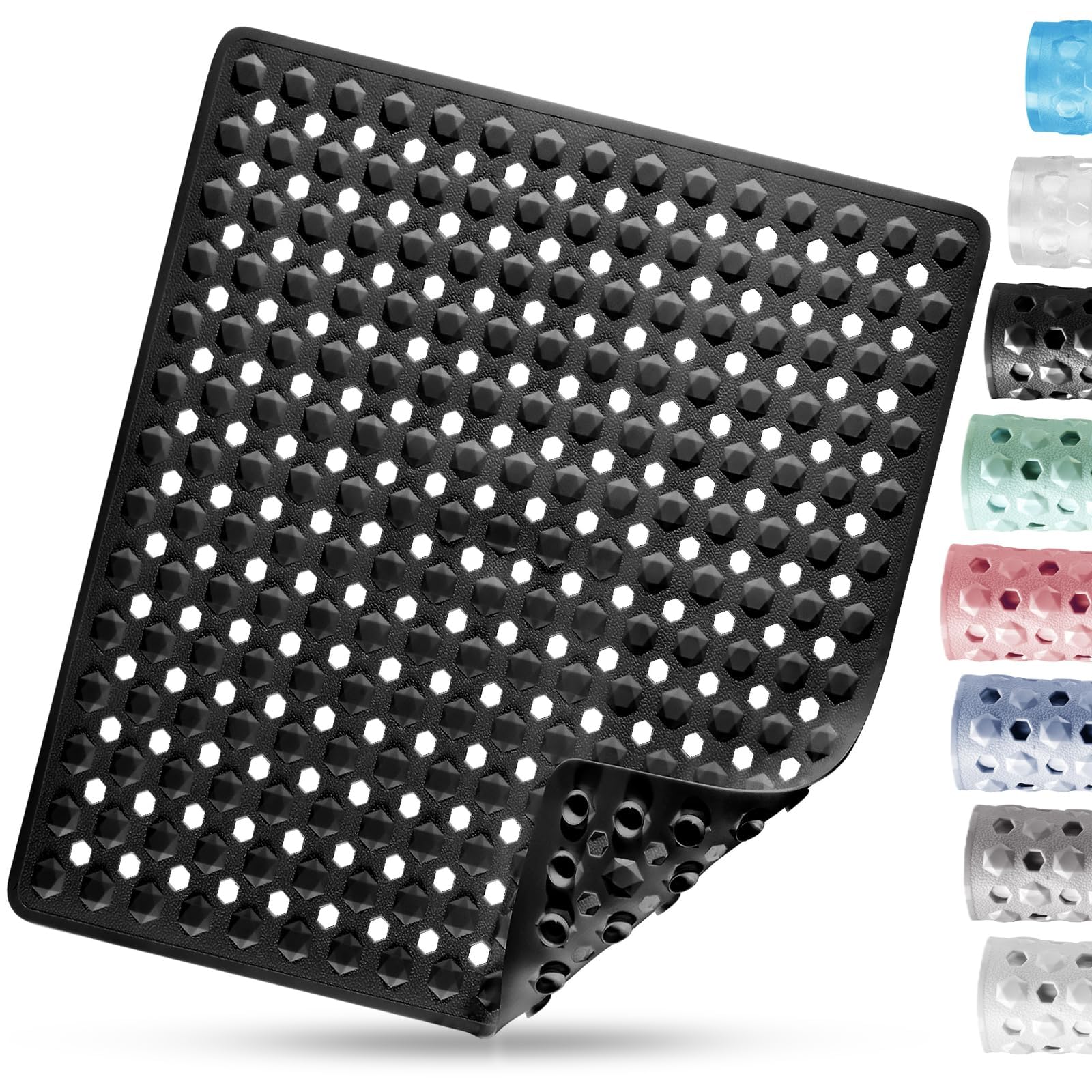 DOPROP Square Non-Slip Anti Mould Shower Mat for Inside Shower 53x53cm - Black PVC Bath Mat with Strong Suction Cups & Drain Holes, Machine Washable, Bathroom Mat for Elderly & Kids Safety