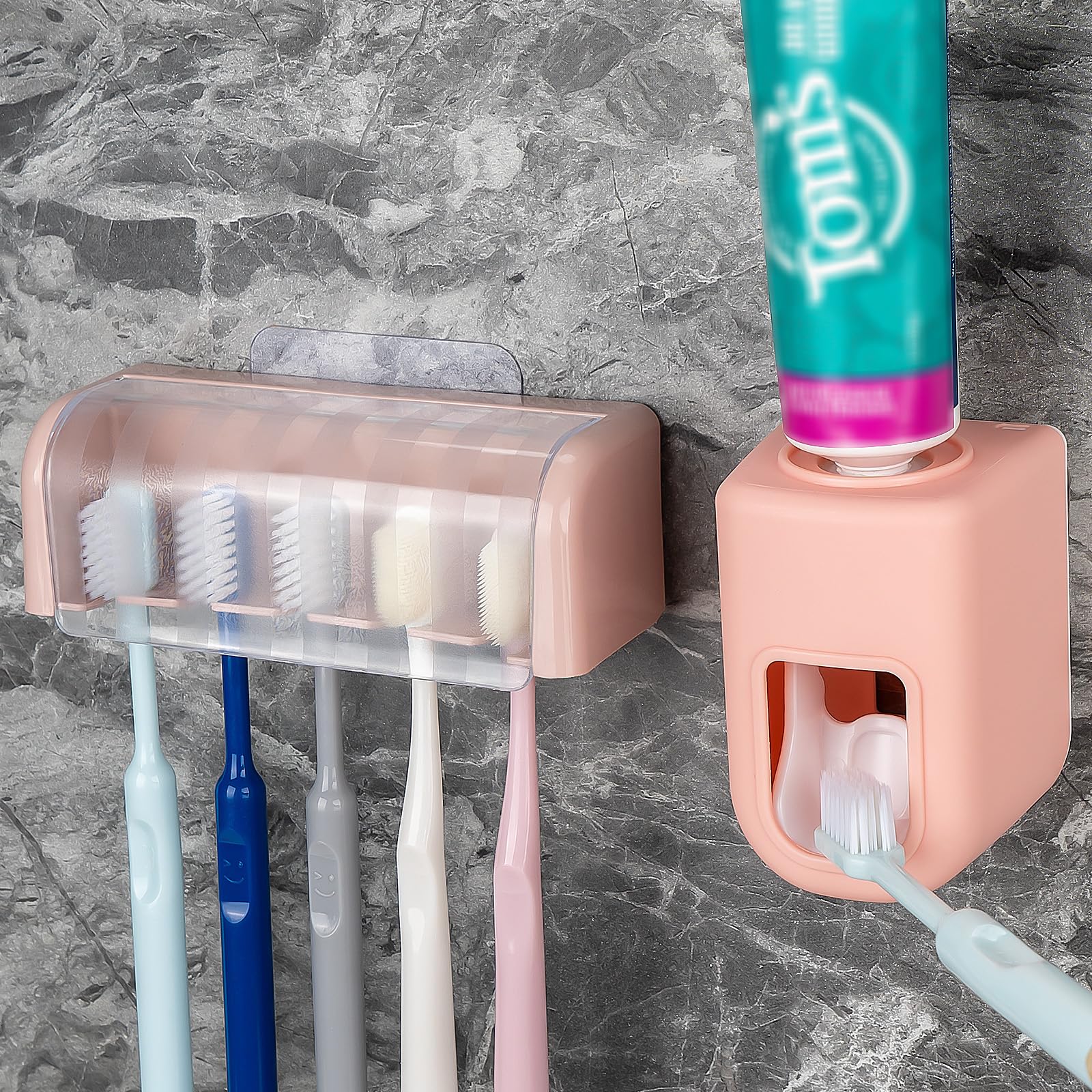 Photo 1 of 5 Slots Wall Mount Toothbrush Holder with Cover, Self Adhesive Toothbrush Storage Organizer for Shower, Toothbrush Hanger with Automatic Toothpaste Squeezer Dispenser (Pink)