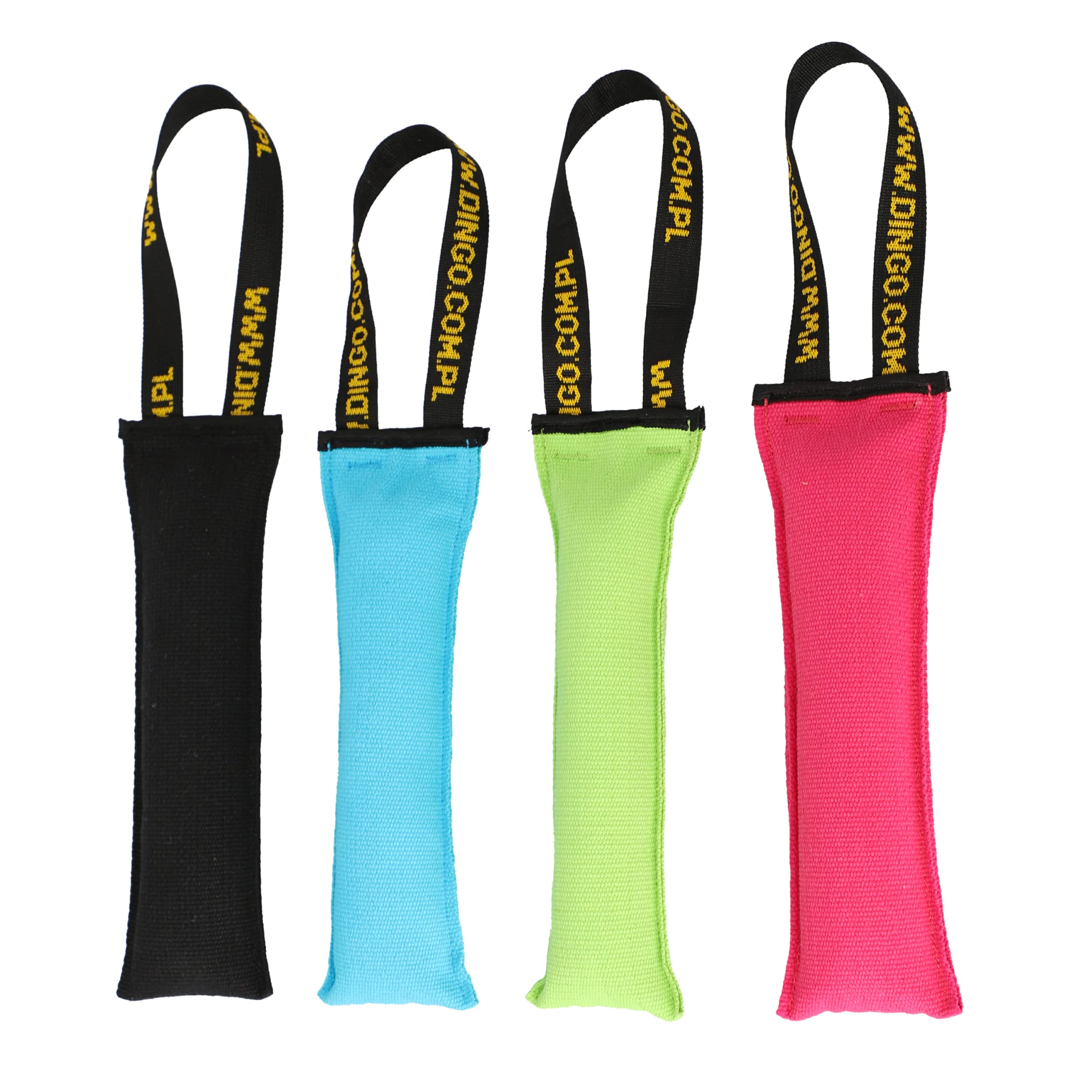 DINGO Set: 4 x Agility Dog Toys for Training, Fetch, Sports, Tug of War, Play - Lightweight, Floatable Tug Toy with Hand-Sewn Strong Stitching and Bungee Handle, 1 x Black, 3 x Vivid Colours Z30002