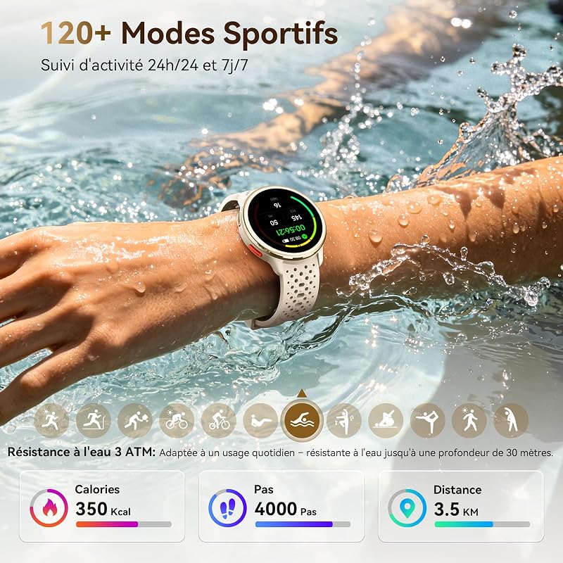 Montre Connectée Femme Ronde 1.27'' Smartwatch Homme 2 Bracelet 120+ Modes Sport 250+ Cadran Etanche 3ATM Fréquence Cardiaque/SpO2/Sommeil Podomètre Fitnes Watch pour Android Samsung iPhone Abricot — photo 3 sur 8
