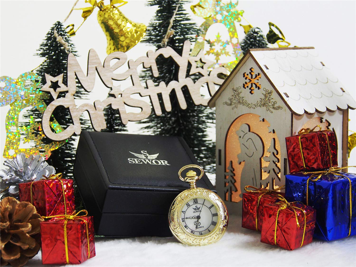 SEWOR Quartz Pocket Watch Shell Dial Magnifier Case with Two Type Chain (Leather+Metal) (Gold)