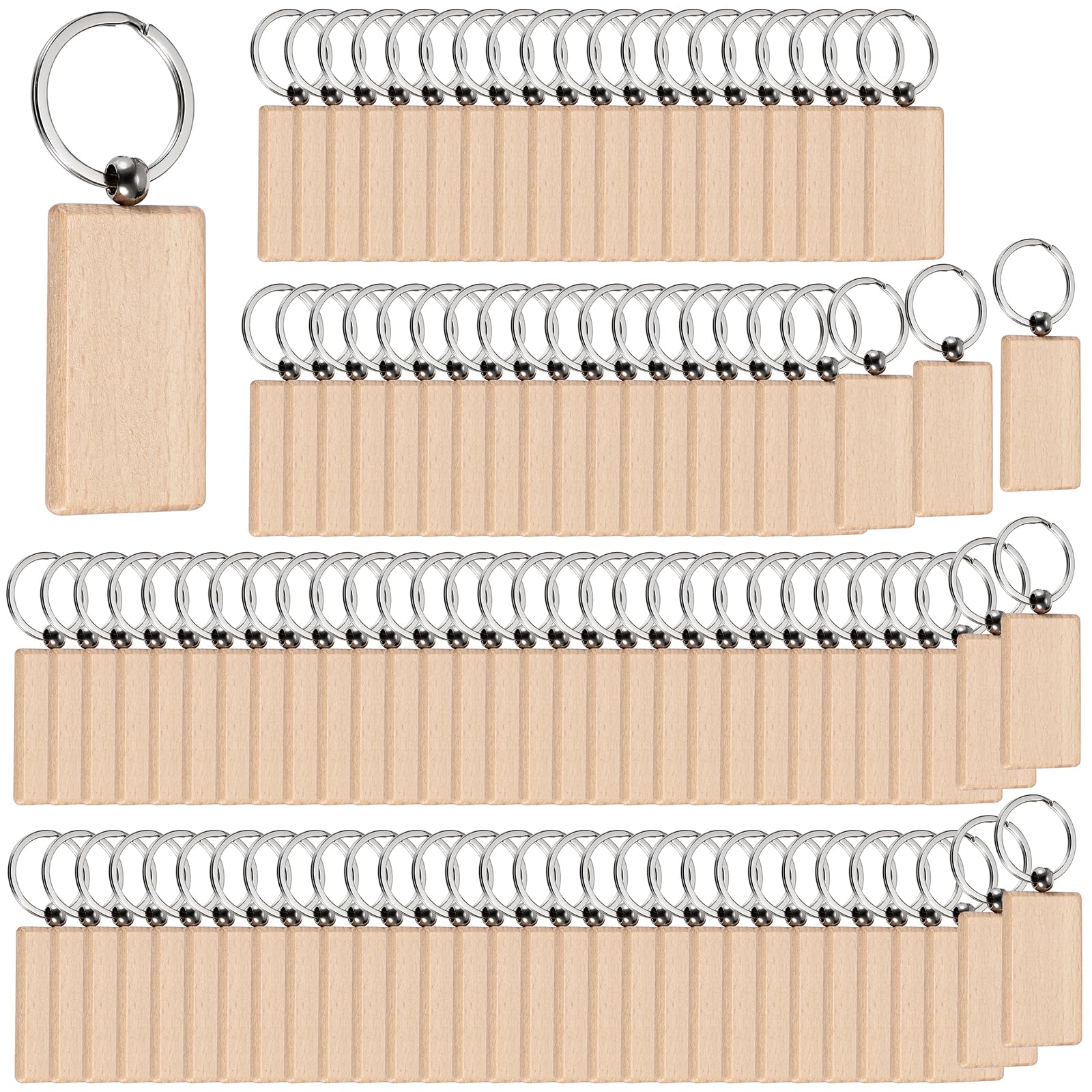 TOLIDA 100pcs Rectangle Wood Keychains - 5.5 * 3cm Blank Wooden Key Fobs Key Rings for DIY Personalized Craft, Wooden Key Tags