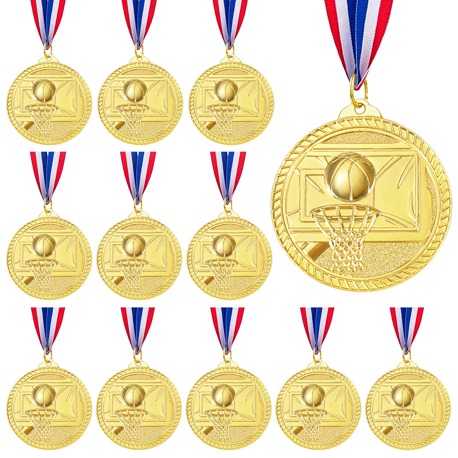 Caydo 12 Pieces Sports Medals Golden Metal Medals for Awards for Kid Adults Favors for Sports Games Party, 5 cm, M-046S