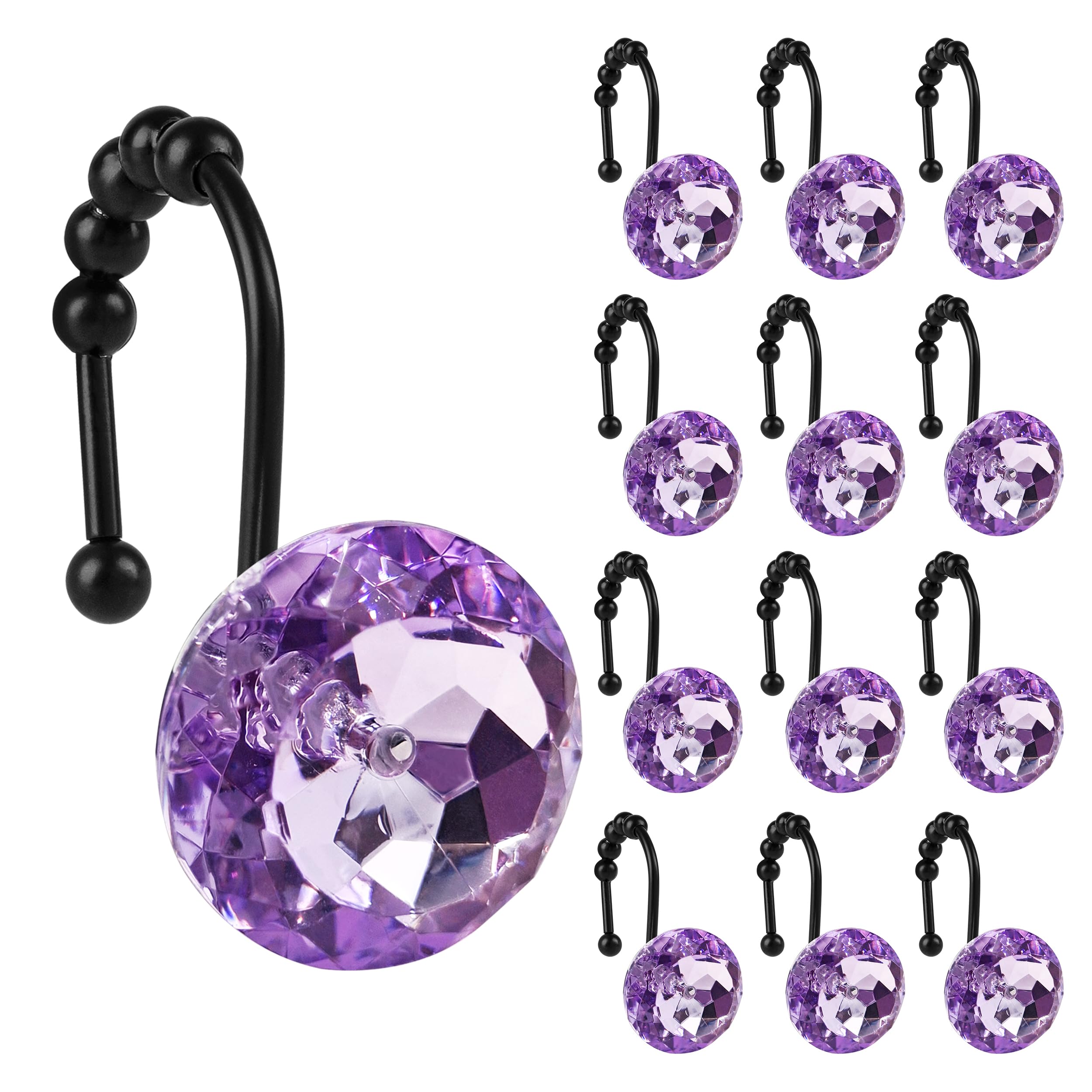 Sunlit Luxury Design Round Purple Diamond Crystal Gem Bling with Glide Balls Shower Curtain Hooks, Rust Proof Metal Rhinestones Glam Shower Curtain Rings with Black Hooks, Set of 12